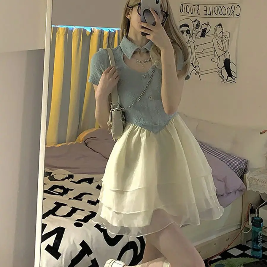 

Japanese Sweetheart Small Fresh Waist Slim Mesh Splice Puffy Short Dress Women's 2023 Summer New Style