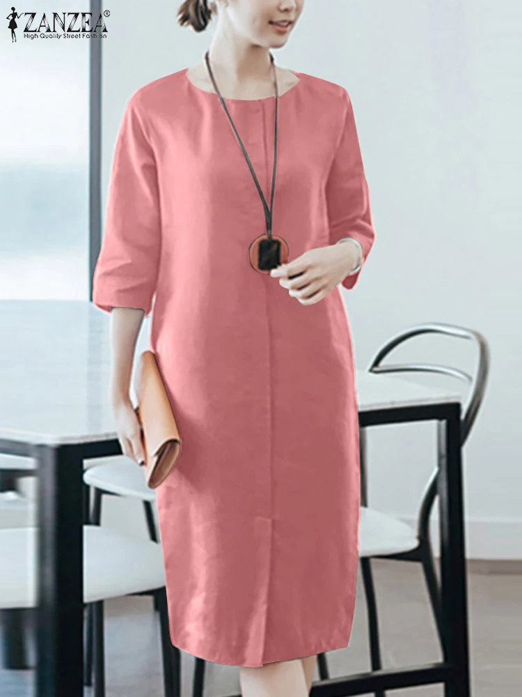 

ZANZEA Women's Casual Loose Cotton Dress Split With Pocket Spring Fall 3/4 Sleeve Midi Dresses Korean style Holiday Robe Vestido