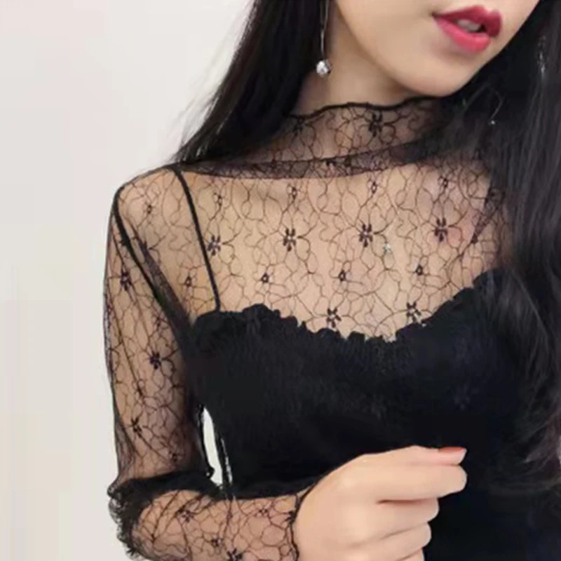 

Net Gauze Bottom Upper Garment Female Fishing Net Gauze Dress Perspective Sexy Small Stand Collar Long Sleeve Lace Upper Garment