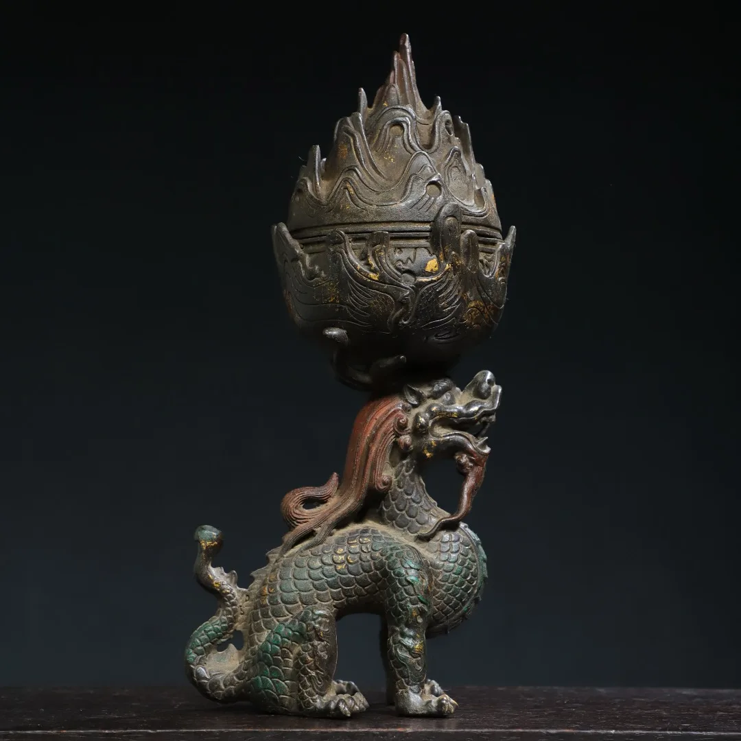 

12"Tibet Temple Collection Old Bronze Gilding Cinnabar Kylin Statue Unicorn Boshan Censer incense burner Ornaments Town house