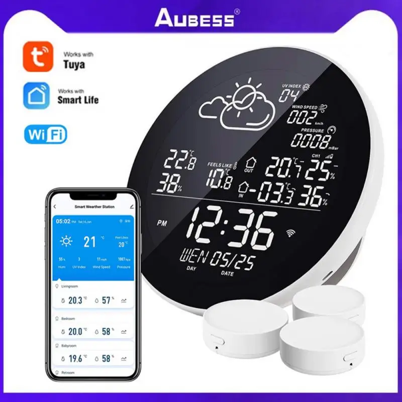 

Tuya WIFI Temperature Humidity Sensor Smart Digital Thermometer Hygrometer Time Date LCD Screen Detector Smart Home Desk Clock
