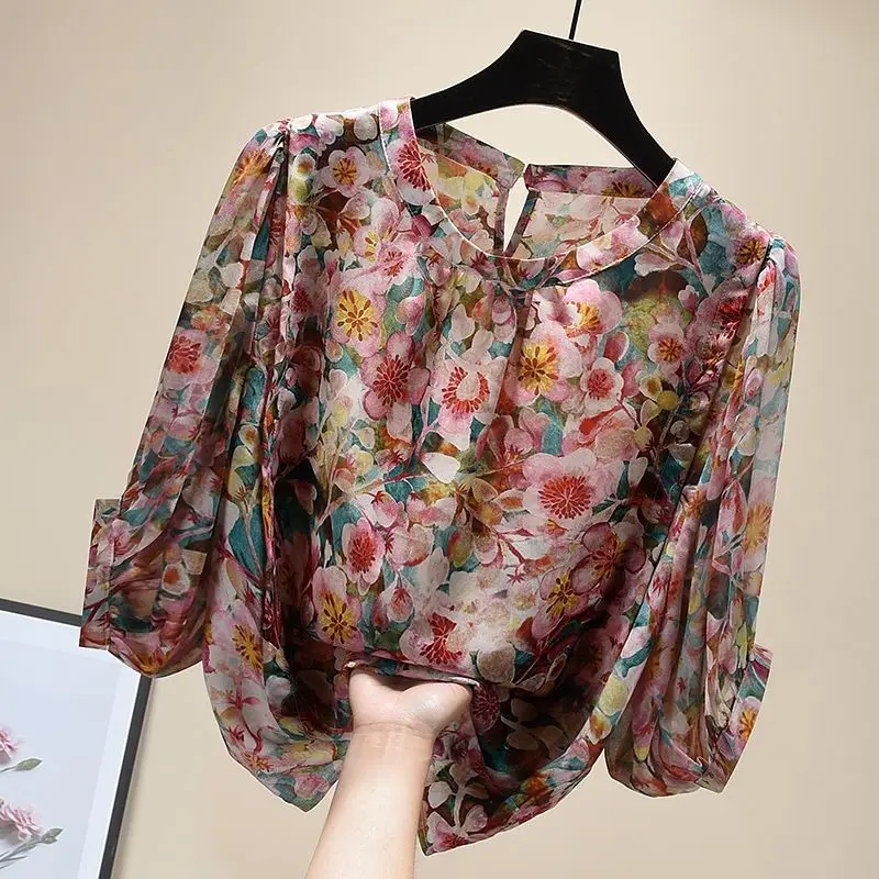 

2022 New Spring Summer Shirt Women's Top Casual Blouses New Retro Floral Print Tops Office Loose Chiffon Blouse Blusas Mujer