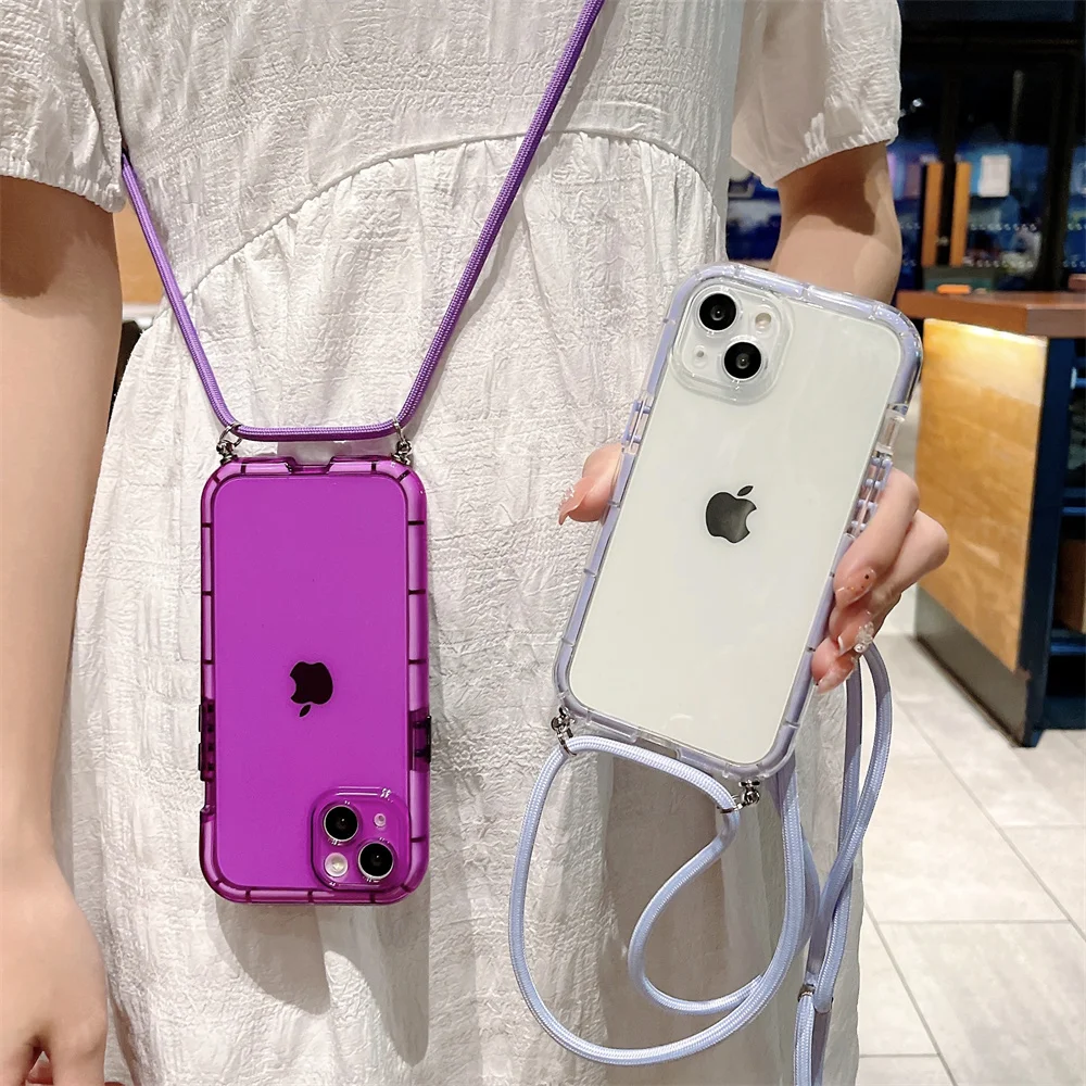 

USLION Luxury Luminous Color Frame Case For iPhone 13 12 11 Pro Max X XS XR Transparent Shockproof Lanyard Silicone Phone Cover