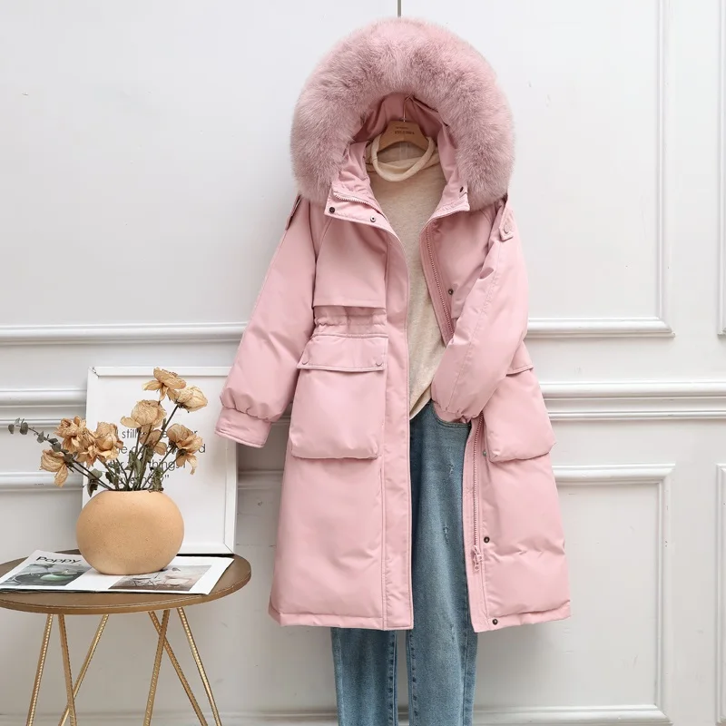 Solid Color Women White Duck Down Jacket Hooded Big Fur Collar New Parka Mid-length Thick Pocket Fashion Coat Fit Autumn Winter
