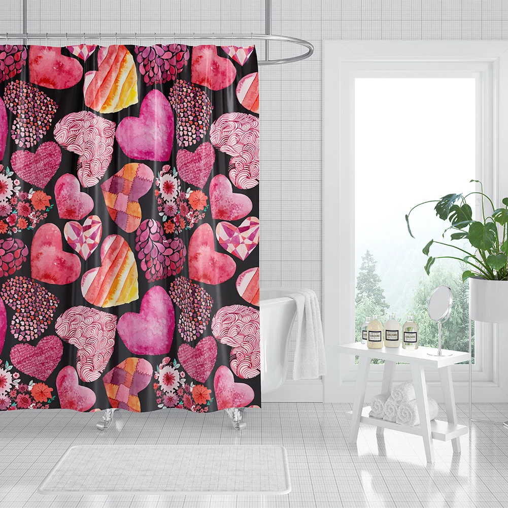 

Pink Heart Print Shower Curtain Cute Simple Cartoon Waterproof Fabric Bathroom Curtain Polyester Creative Bath Curtain 180cm