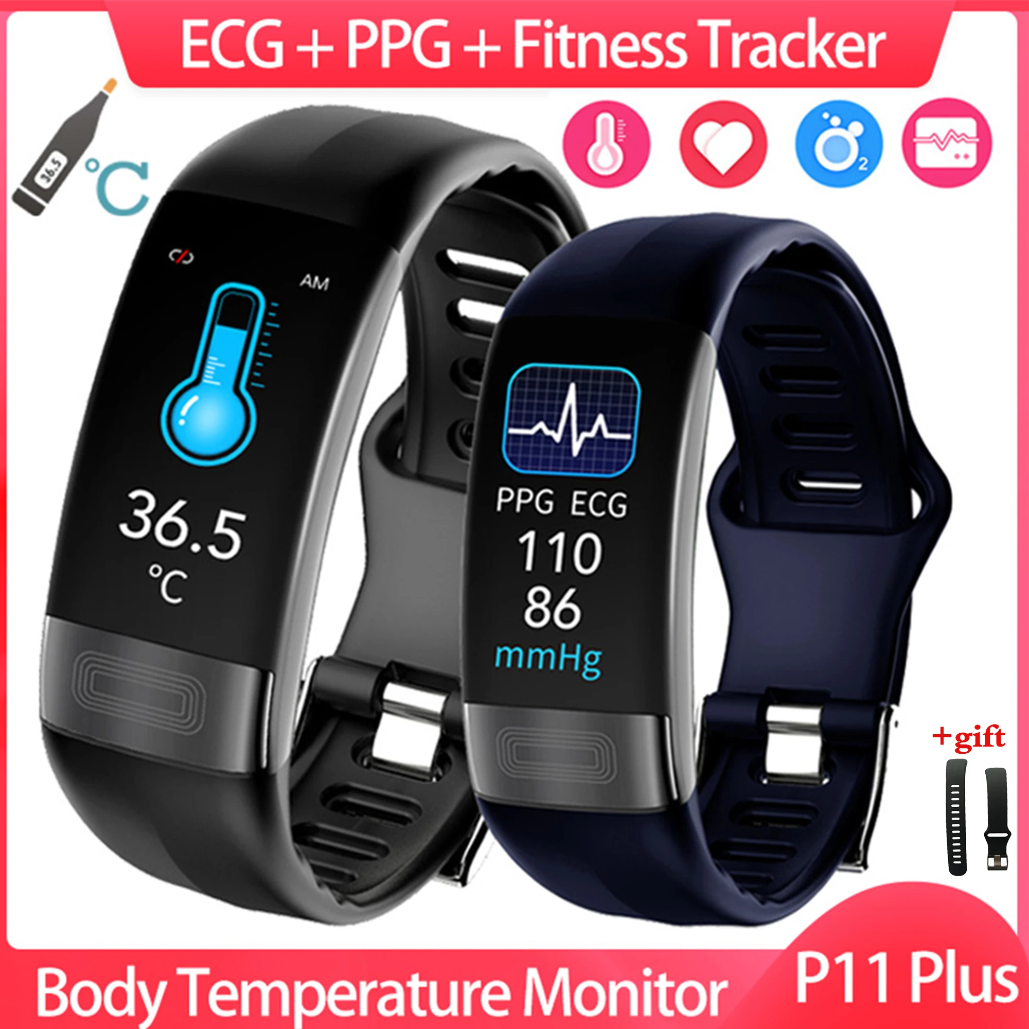 

P11 Plus Smart Watch Men Fitness Bracelet Smart Band ECG PPG HRV Women Smartwatch Body Temperature Blood Pressure P11 Wristband