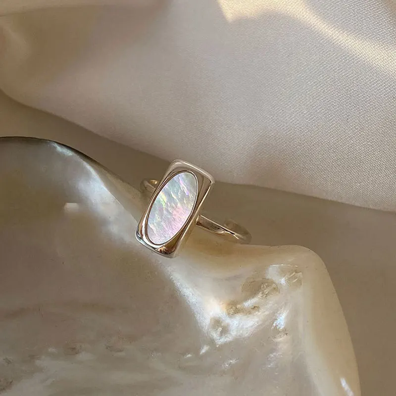 

Exquisite White Shell Ring Geometric Square S925 Sterling Silver Ring for Women Girls Open Index Finger Rings Jewelry Gift