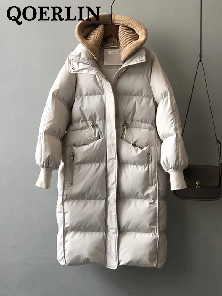 QOERLIN Thicken Hooded Puffer Jacket Coat Winter Women Double Zipper Long Overcoat 2023 New Dress Coat with Pocket