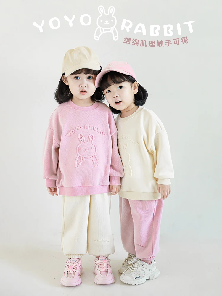 

Girls Spring Clothing Casual Kindergarten Set Three-Dimensional Embossed Rabbit Drop Shoulder Sweatshirt Sweatpants