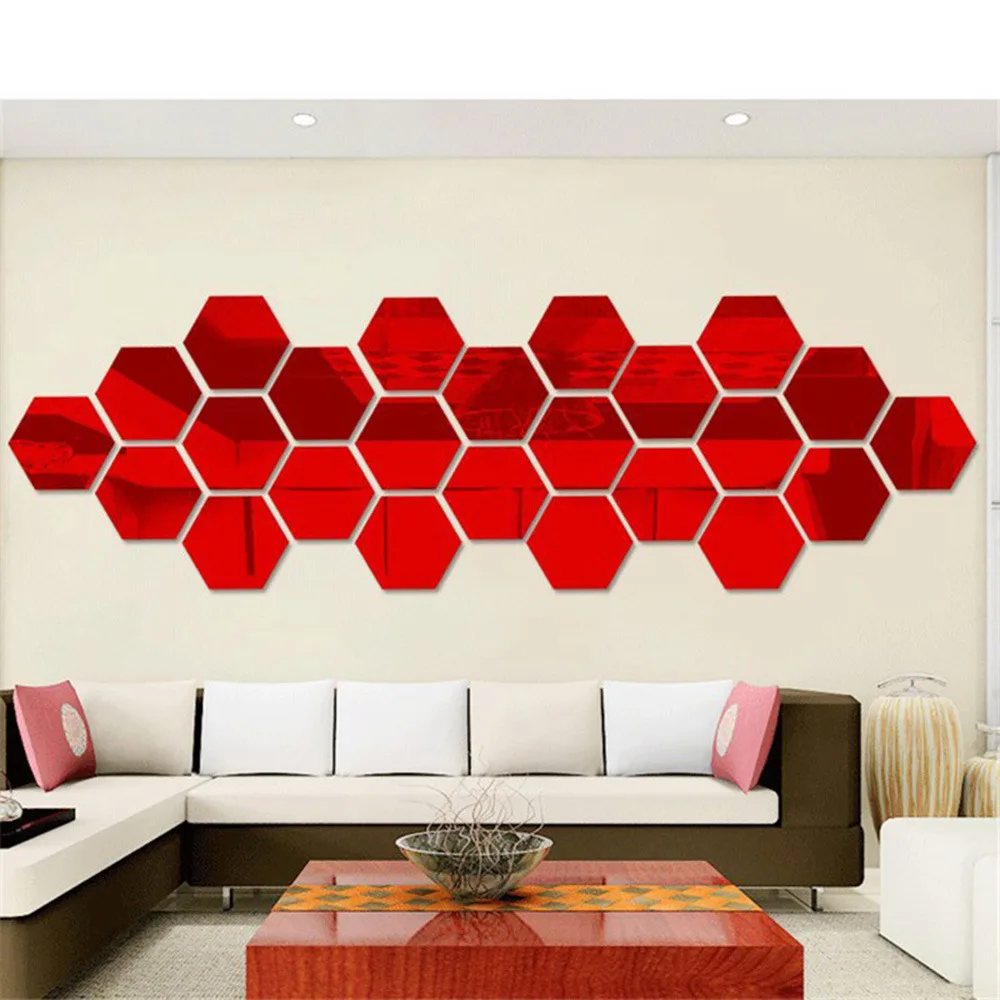 

New 12Pcs 3D Hexagon Acrylic Mirror Wall Stickers DIY Art Wall Decor Stickers Living Room Mirrored Sticker Home Decor