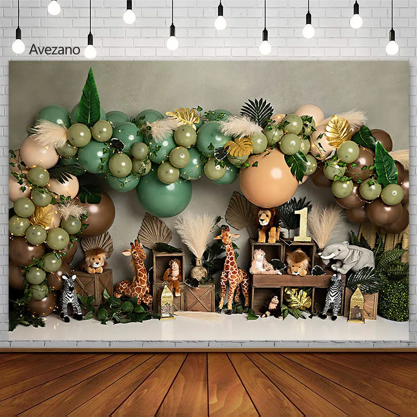 

Avezano Photography Background Safari Wild Animals Jungle Balloon Kids Birthday Portrait Cake Smash Backdrop Photo Studio Decor