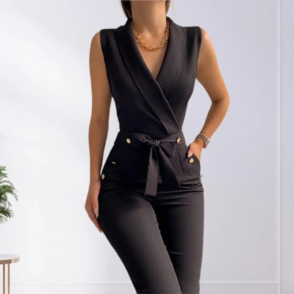 

Office Jumpsuit Solid Color Lace-Up Summer Turndown Collar Metal Buttons Overalls Streetwear
