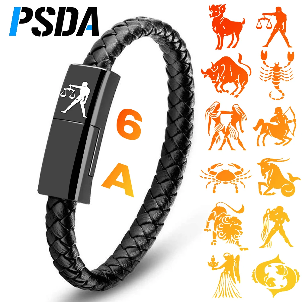 

PSDA 3D 6A USB Date Cable 12 Zodiac Signs Constellation Charm Luminous Bracelet Men Women leather Bracelet Bangle Birthday Gift
