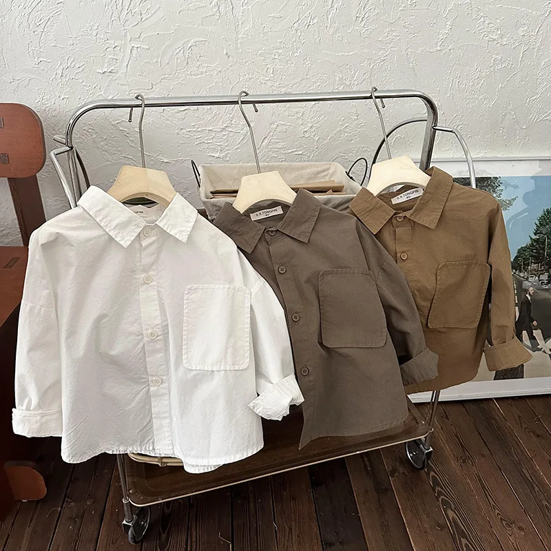 

2023 Autumn New Children Long Sleeve Lapel Shirts Baby Boys Solid Loose Tops Girls Cotton Casual Bottoming Shirt Kids Clothes