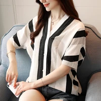 spot goods 2022 summer new korean style versatile stylish loose plus size chiffon shirt v neck striped