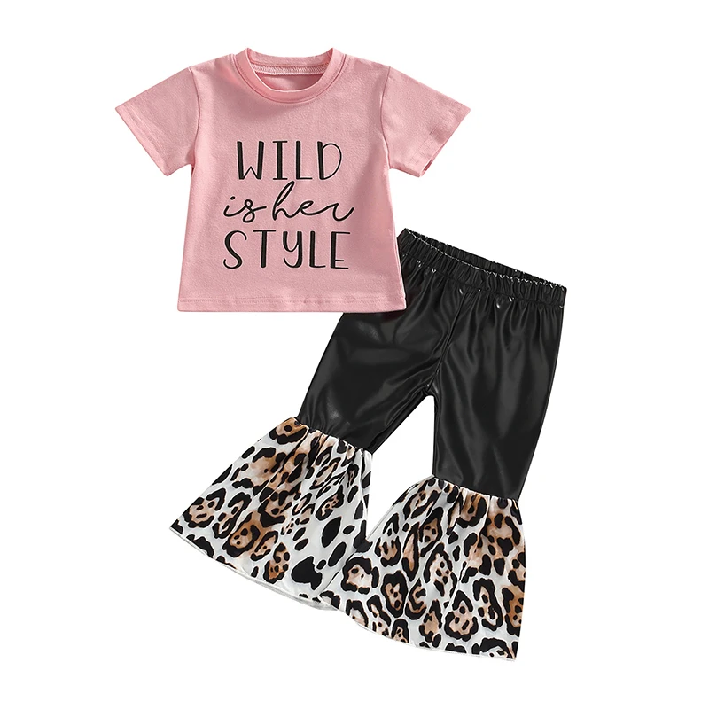

Kid Girls Pants 2pcs Suit, Short Sleeve Round Neck Letters Print Tops Spring Summer Leopard Ruffle Pants