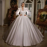 elegant royal ball gown wedding dresses long sleeves lace top robe de mariage handmade satin vestido de novia