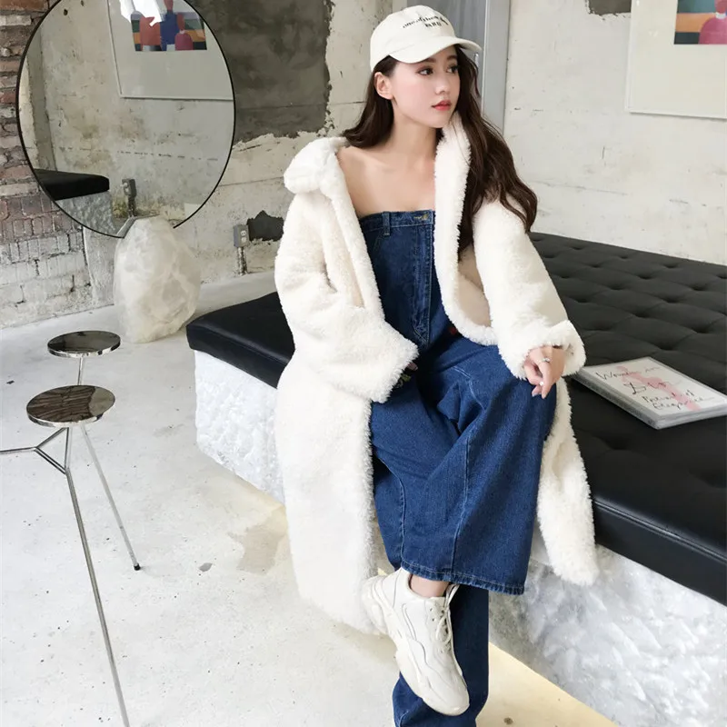 Зимние толстые теплые зернистые кашемировые шубы женские молочно-белые длинные