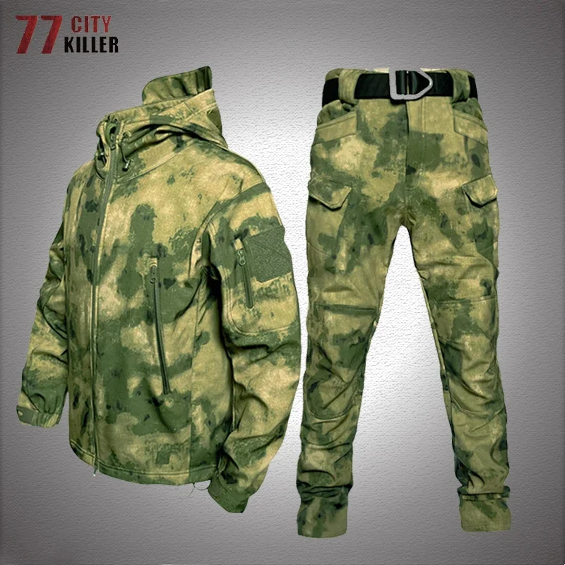

Camouflage Tactical Suits Military Waterproof Soft Shell Sets Men Sharkskin Winter Fleece Jacket Pants 2 Pcs Work Windproof Hike
