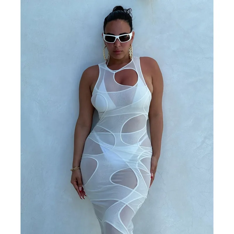

Sexy Women Dress Hollow Out Elegant Long Dresses Solid Sleeveless Party Night Clubwear Beach Women's summer dress Robe Vestidos