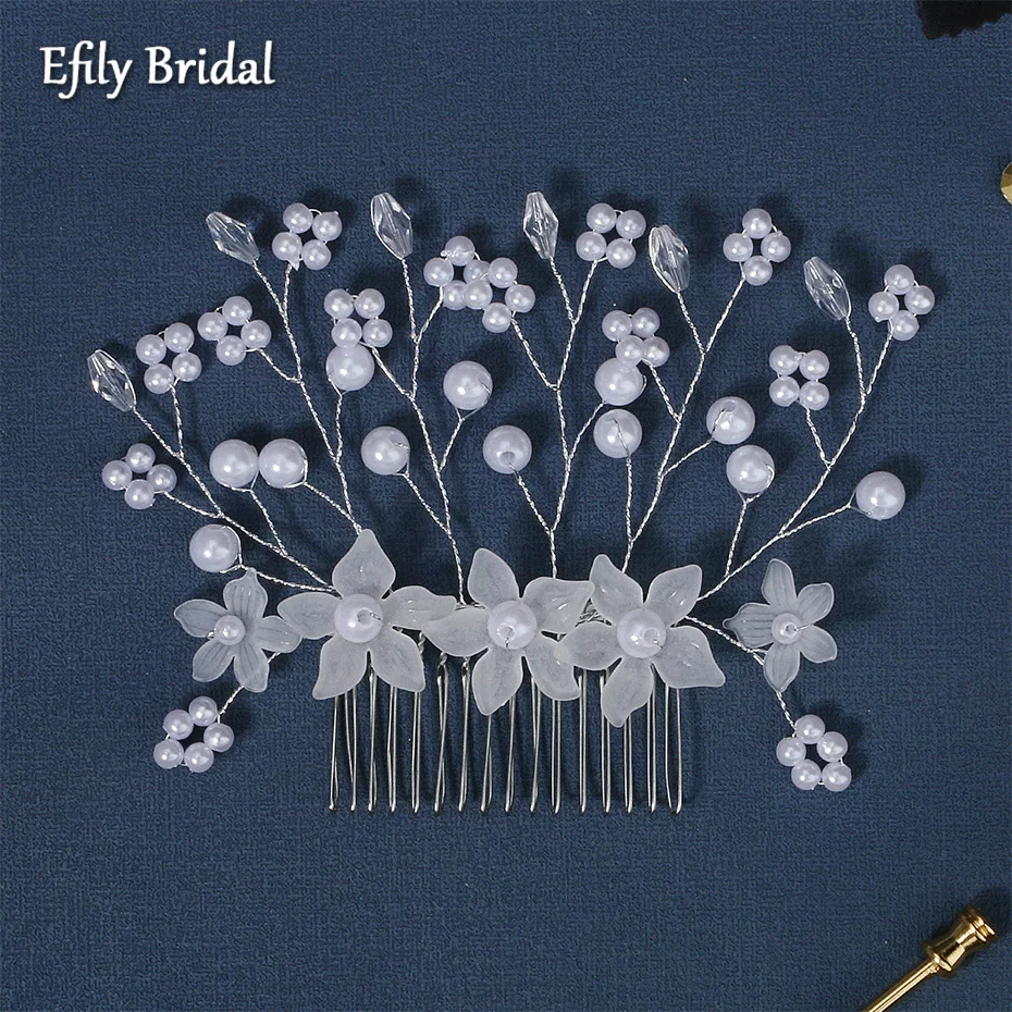 

White Flower Bride Hair Accessories Comb for Women Pearl Crystal Wedding Headpiece Jewelry Bridal Headdresses Bridesmaid Gift