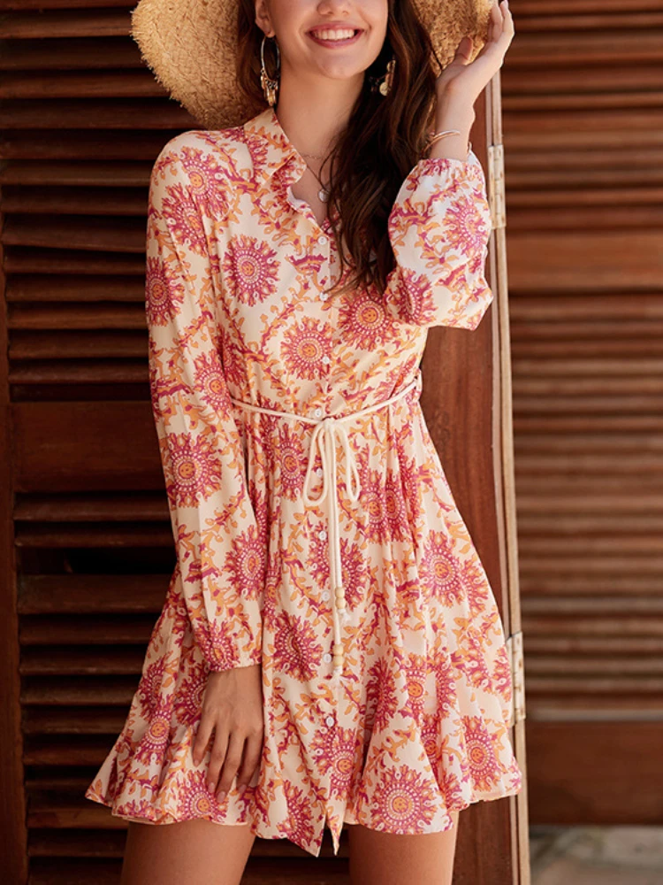 

Summer Casual Boho Chiffon Long Sleeve Floral Print Street Wear V Neck Sexy Elegant Lady French Beach Ruffle Midi Dress Women