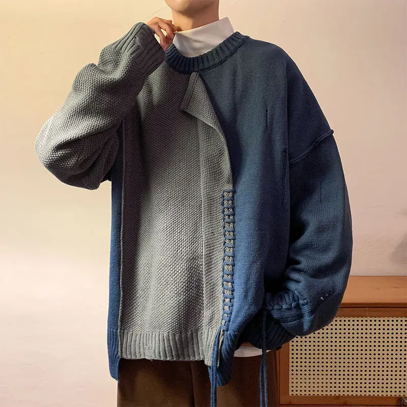 Patchwork Men's Sweater With Pattern Vintage Harajuku Paired Japanese stylesystemClothes Knitted Pullovers New Year Pullover