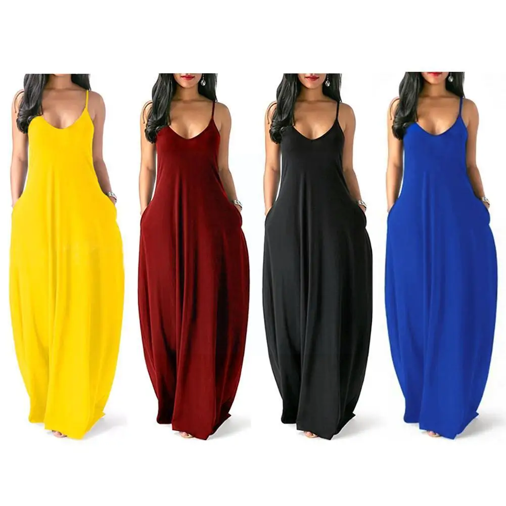 

Vintage Women U Neck Spaghetti Straps Mixi Dress With Summer Sexy A Long Pockets Loose Vestidos Casual Femme Sling Line Dre Z0J4