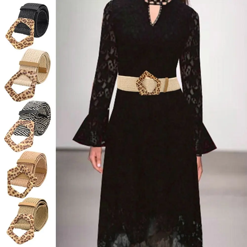 

Women Vintage Female Casual Bohemian Wide Belt Ladies Dress Cummerbands Linen Weave Waist Band Leopard Buckle Waistband