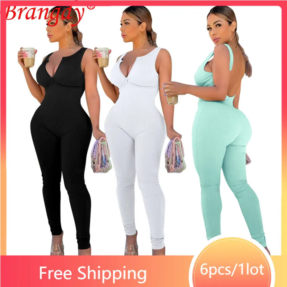 

Женский деловой черный комбинезон с открытой спиной, 6 шт., оптом, модный сексуальный ребристый комбинезон Y2k без рукавов, цельнокроеный комб...