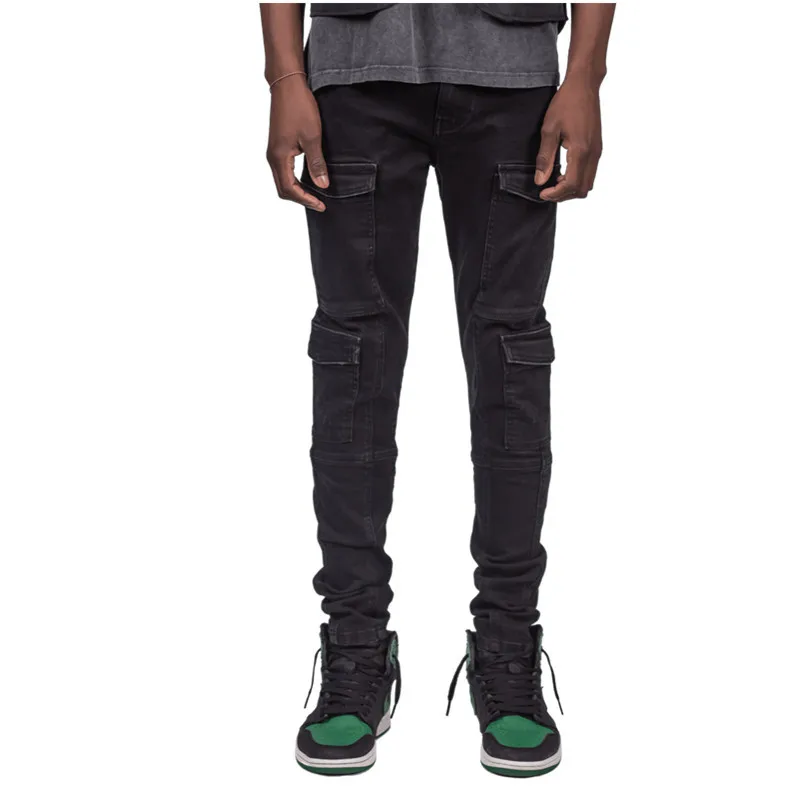 New Multi-pocket Men's Jeans Slim Stretch Trend Men's Jeans Pencil Pants Full Length Solid Color Trousers Denim Pants