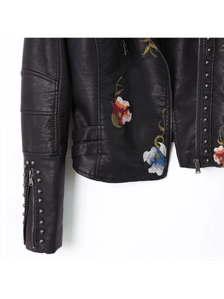 Autumn Women Black Floral Print Embroidery Faux Soft Leather Jacket Streetwear Pu Coat Moto Biker Punk Lady Outerwear