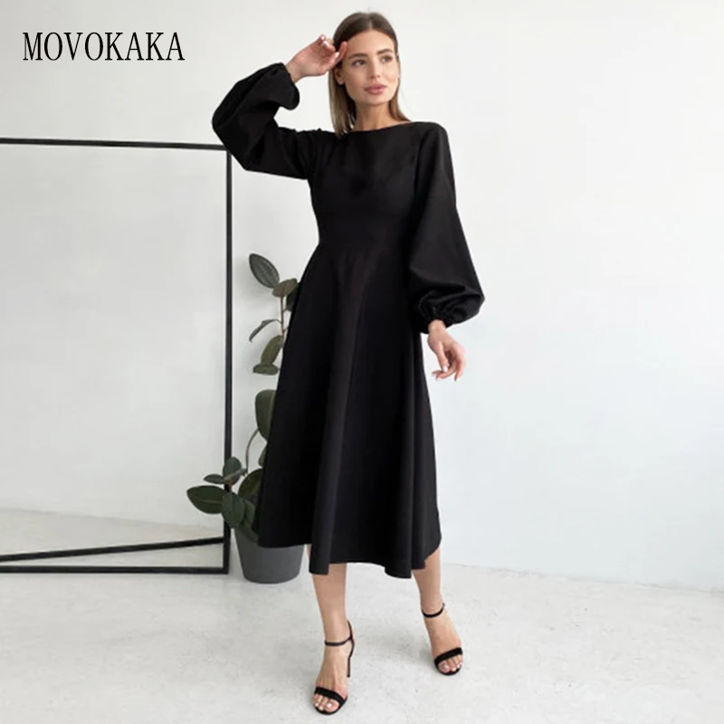 

MOVOKAKA Spring Elegant Woman Black Long Dress Sexy Backless Club Party Slim Vestidos O Neck Lantern Sleeve Casual Midi Dresses