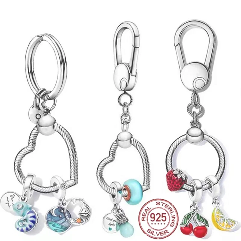 2022 New Genuine 925 Sterling Silver Moments Bag Pendant Keyring Set for Original Pandora Charm Women's Jewelry DIY Keychain