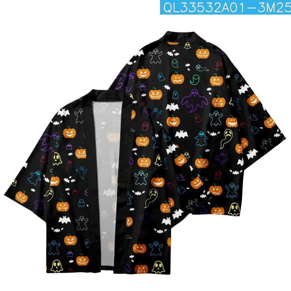 

Fashion Yukata Haori Halloween Black Pumpkin Print Kimono Japanese Anime Cardigan Women Men Harajuku Cosplay Shirts