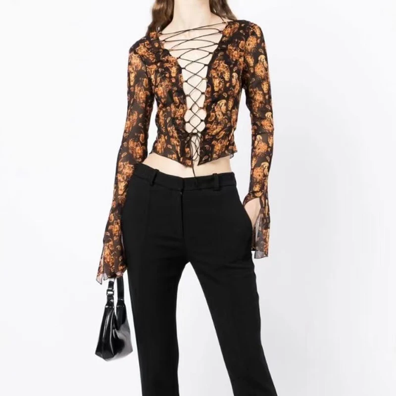 

Fashion Women Blouses 2022 Silk Blouse Sexy Long Flare Sleeve Print Bandage See Through Tops Luxury Slim Hollow Out Blouses New