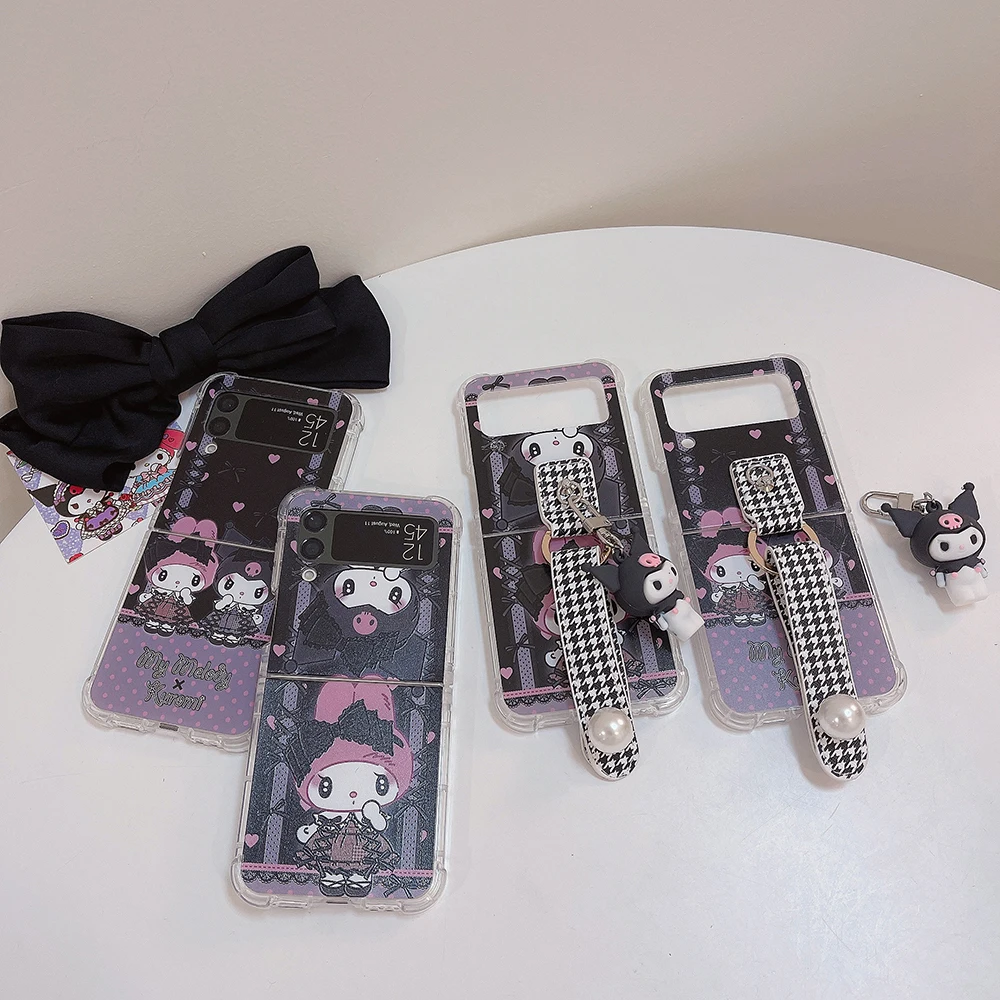 

Fashion Cartoon Sanrio Kuromi Luxury With 3D Pendant Phone Case For Samsung Galaxy ZFlip3 ZFlip4 5G Anti-drop Cover Y2k Girl