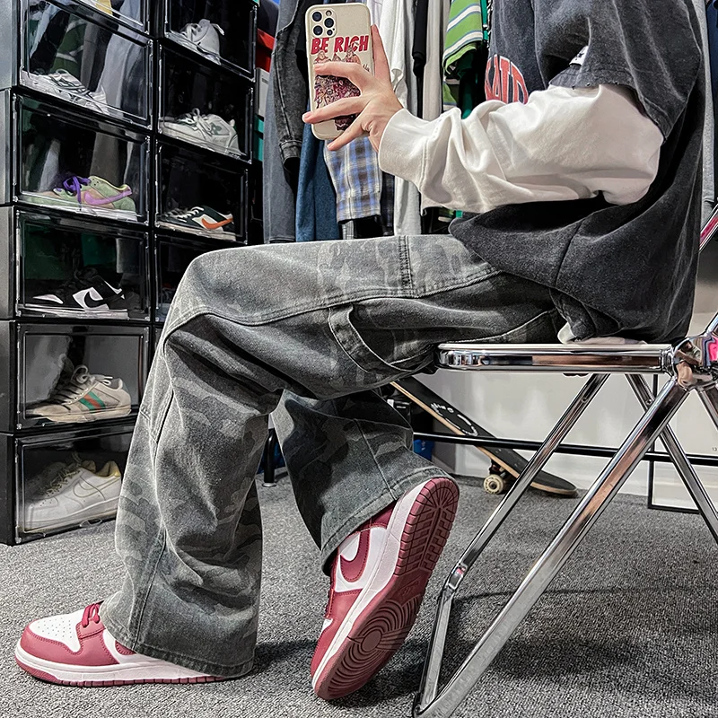 Camo Jeans Men Fashion Retro Casual Straight Baggy Jeans Men Streetwear Hip Hop Loose Cargo Jeans Mens Camouflage Trousers S-2XL