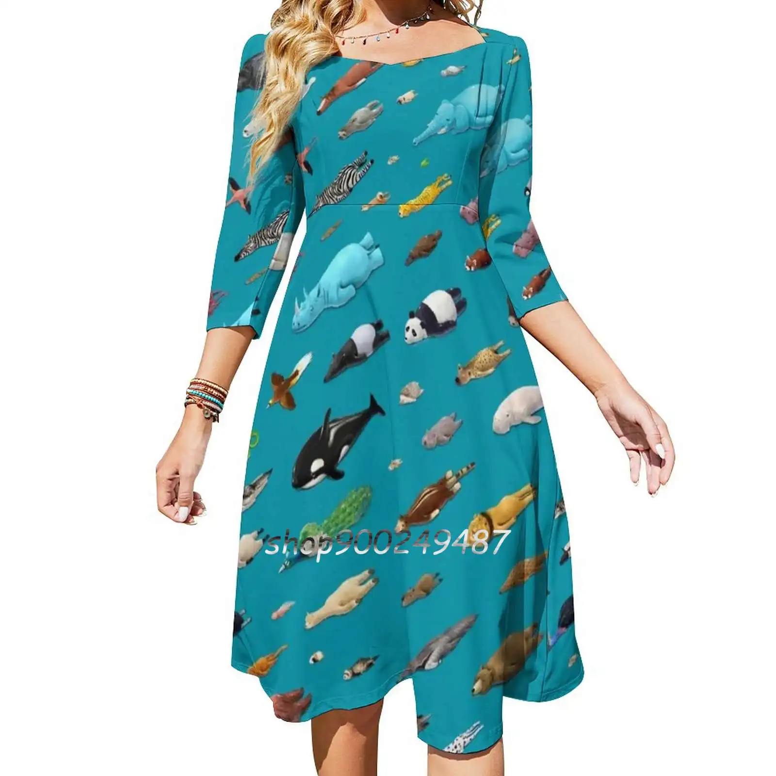 

Sleeping Animals Square Neck Dress New Plus Size Elegant Women Waist Tight Dress Animal Sleep Pattern Dream Children Kids Dog