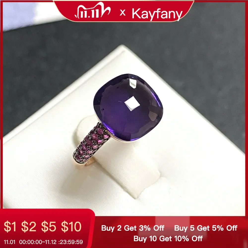 

12.6mm Flat Purple Crystal Ring For Women Candy Ring With Purple Zircon Black Gun Plated Party Fashion Jewelry Pomellato Gift