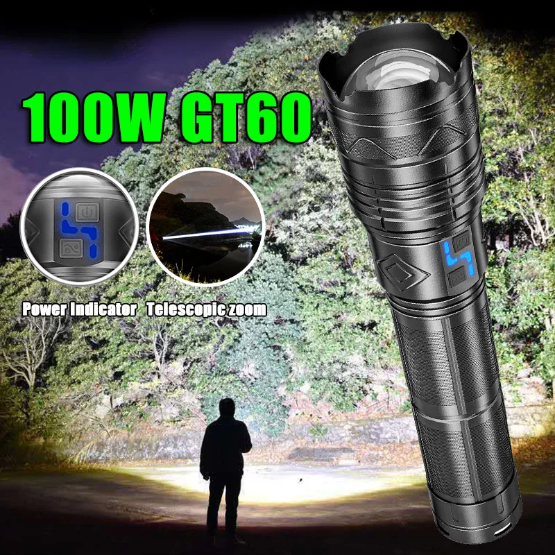 

100W GT60 Long Range Powerful LED Flashlight Waterproof Torch with USB Rechargeable Battery Flashlight Torch Power Bank Convoy