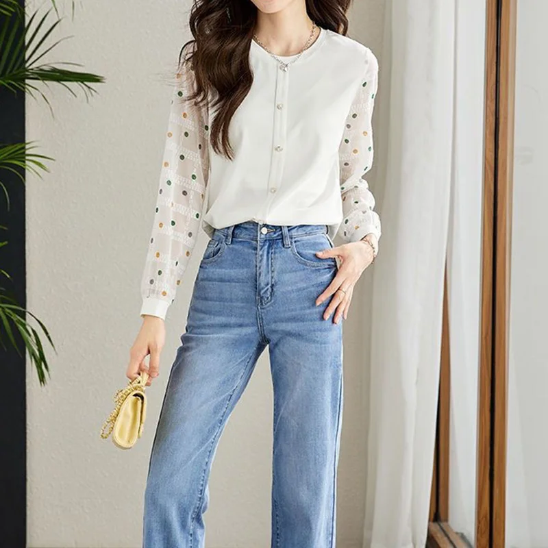 Женская Офисная однобортная блузка офисная с круглым вырезом и волнистым