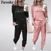 tuveke womens fashion ecg logo tracksuit set jogging fitness solid color casual set solid color printed long sleeve top pants