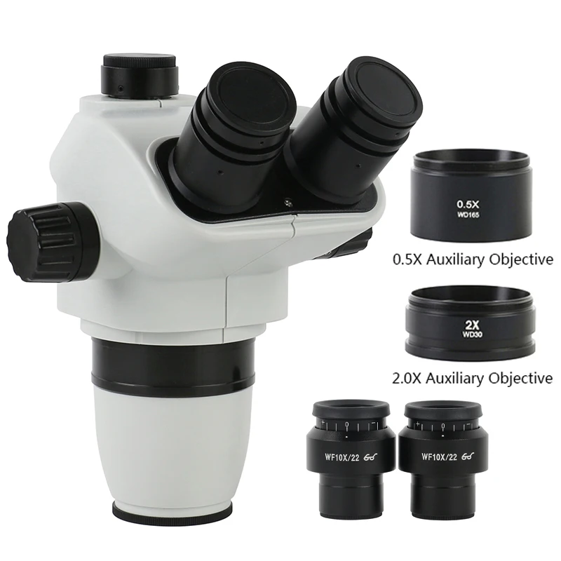 

Simul-Focal 6.7X-45X Continuous Zoom Trinocular Stereo Microscope Head WF10X/22MM Wide Field Eyepieces+0.5X 2X Barlow Lens
