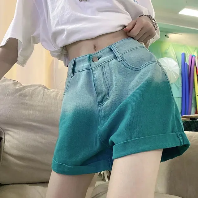 Женские джинсовые шорты с градиентом, Элегантные зеленые джинсовые шорты с  высокой талией, на молнии, в японском стиле, лето 2022 | AliExpress