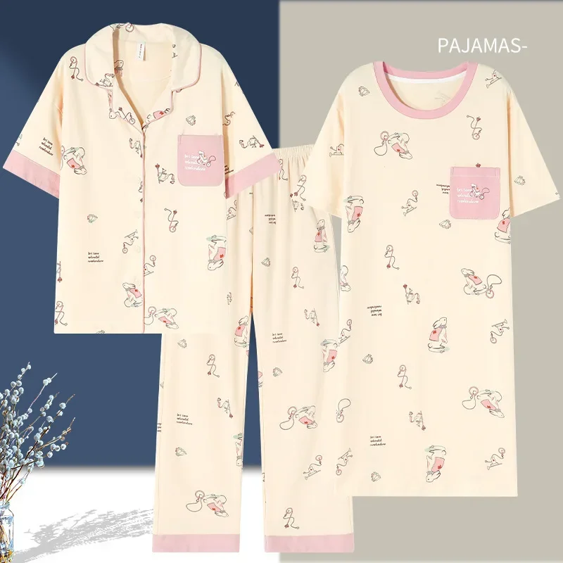 Женский летний пижамный комплект из тонкого хлопка одежда для сна трех предметов