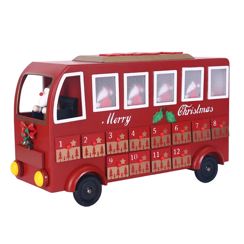 

Y5LE Santa Driving Christmas Bus Wooden Christmas Countdown Calendar 24 Day Xmas Party Decor Advent Calendar 24Storage Drawer