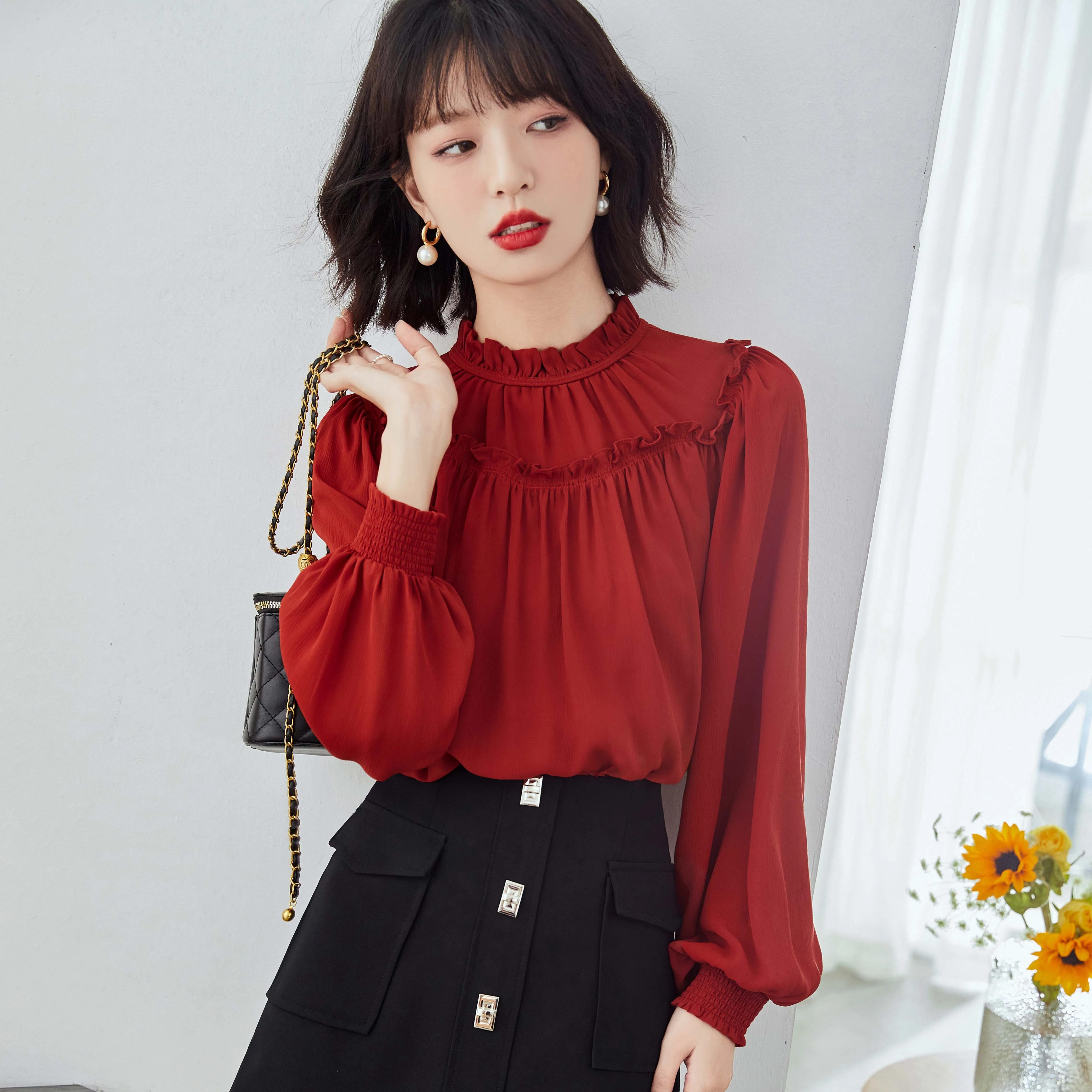 

Women Red Blouse Fashion Spliced Edible Tree Fungus Lantern Long Sleeve Tops 2022 Autumn Ladies Elegant Loose Casual Shirt C1983