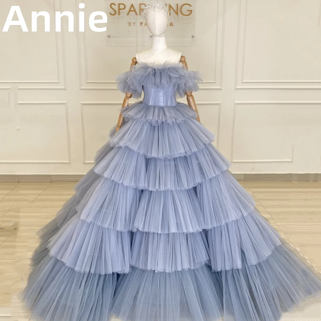 

Annie Delicate And Gorgeous Tulle Prom Dress فساتين السهرة Strapless Gray Blue Evening Dress Vestidos De Noche Layered CakeSkirt