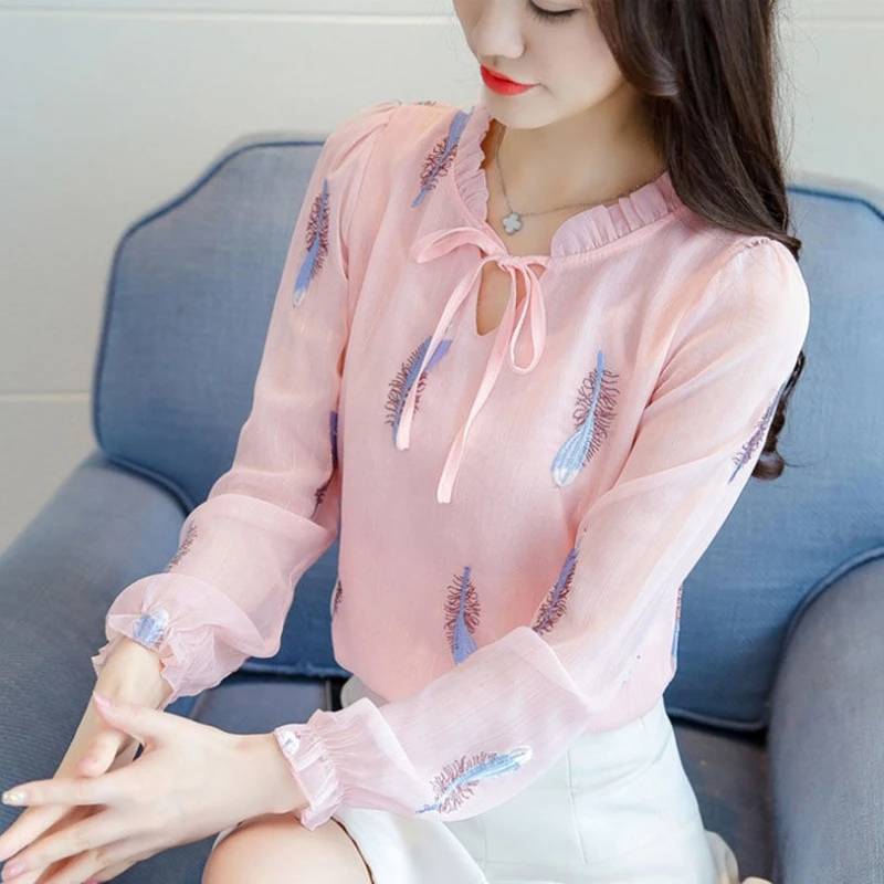 

Feather Print Pink Chiffon Shirt Spring Summer Fashion Blouse 2023 Korean Style Round Neck Long Sleeve Elegant Shirt for Female